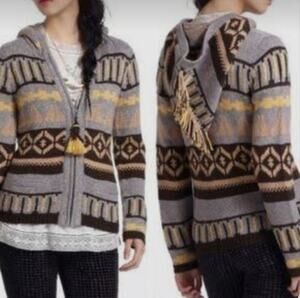 Anthropologie Sparrow Wool Blend Fair Isle Full Zip Hooded Cardigan Size Medium